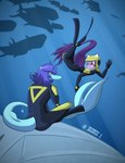 5_fingers anthro armor blue_body blue_eyes blue_hair blue_scales detailed_background duo feathered_tail feathers fingers hair headgear helmet long_tail male pink_eyes purple_body purple_feathers purple_hair purple_tail scales smile snout swimming tail tan_body tan_scales underwater water wetsuit seven_(artist) abzu_(game) goodbye_volcano_high leo_(gvh) sage_(gvh) dinosaur dromaeosaurid feathered_dinosaur feathered_scalie fish liopleurodon marine microraptor plesiosaur pliosaur prehistoric_species reptile scalie theropod 2023 absurd_res artist_name crossover digital_drawing_(artwork) digital_media_(artwork) hi_res signature trans_(lore) trans_man_(lore)