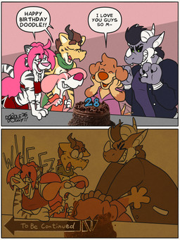 birthday birthday_cake birthday_party black_sclera border bullying cake dessert dialogue female food fur group hair male markings pink_hair slapstick slapstick_humor striped_body striped_fur striped_markings striped_tail stripes tail tail_markings text toony white_border doodledoggy mythology to_be_continued_meme asimi_rige doodle_(doodledoggy) beagle canid canine canis domestic_dog dragon felid hunting_dog hybrid mammal mythological_creature mythological_scalie pantherine scalie scent_hound tiger 2026 3:4 absurd_res comic english_text hi_res