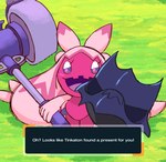 blue_body blue_eyes blue_skin blush decapitation grass hair hammer looking_at_viewer metal_skin pink_body pink_hair pink_skin plant severed_body_part severed_head smile solo text tools aka_nyakun nintendo pokemon corviknight generation_8_pokemon generation_9_pokemon pokemon_(species) tinkaton hi_res