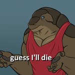 ambiguous_gender anthro bald brown_body brown_skin clothed clothing ears_down fingers pivoted_ears simple_background solo zardbooster guess_i'll_die dinosaur prehistoric_species reptile scalie 1:1 meme reaction_image