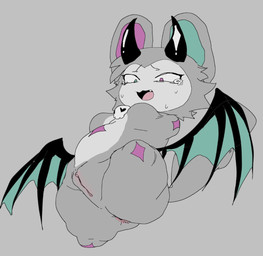 amputee anthro anus biped bodily_fluids breasts disability eyebrows female genitals green_body green_eyes grey_background grey_body horn huge_thighs missing_all_arms missing_all_legs missing_all_limbs missing_arm missing_leg missing_limb multicolored_body pink_body pink_nose quadruple_amputee simple_background solo sweat tears thick_thighs vulva wings meckmeck00124 devil_connection makemon mythology devilun_(makemon) bat demon mammal