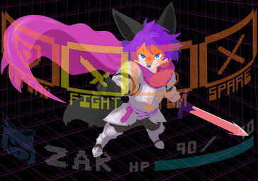 anthro armor black_body black_fur blue_eyes blue_nose cape chibi clothed clothing fur gameplay_mechanics grey_clothing hair holding_melee_weapon holding_object holding_sword holding_weapon looking_at_viewer male melee_weapon orange_body orange_fur pose purple_hair scarf simple_background solo standing sword tail text warrior weapon white_body k441z deltarune undertale undertale_(series) canid canine fox mammal true_fox hi_res