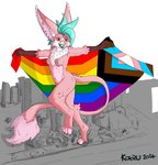 anthro avian beak belly big_ears breasts city cityscape crushed_building feathers female flag flag_(object) fluffy_chest fluffy_ears fur gryphon hair hi_res holding_flag holding_object hybrid koeru koeru_(koeru) lgbt_pride lgbt_pride_month long_tail macro mohawk mythological_avian mythological_creature mythology nipples open_beak open_mouth paws pink_belly pink_body pink_feathers pink_fur prancing pride_color_flag pride_colors progress_pride_colors purple_eyes rainbow_pride_colors simple_background small_breasts solo tail teal_hair teal_nipples teal_tongue tongue tongue_out