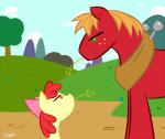 accessory bow_(feature) bow_accessory bow_ribbon centered_hair_bow chewing chewing_grass cloud duo female feral freckles grass hair hair_accessory hair_bow hair_ribbon hill male object_in_mouth outside plant ribbons sky staredown tree wheat slypon friendship_is_magic hasbro my_little_pony apple_bloom_(mlp) big_macintosh_(mlp) earth_pony equid equine horse mammal pony