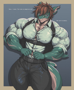 abs anthro biceps big_muscles big_pecs breasts brown_hair clothing cybernetics female hair harness huge_muscles huge_pecs hyper hyper_muscles machine multicolored_body muscular muscular_arms muscular_female muscular_thighs non-mammal_ears non-mammal_hair pecs shark_tail shirt small_breasts smile smirk solo tight_clothing topwear trapezius unbuttoned_shirt rizzyofen azure_hastel aquatic fish requiem_shark shark absurd_res hi_res