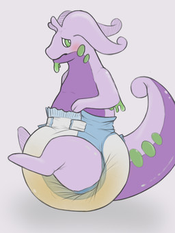 ambiguous_gender antennae_(anatomy) anthro big_diaper blush bodily_fluids clothed clothing curled_tail diaper diaper_only featureless_feet feet frown genital_fluids green_goo green_markings green_slime grey_background looking_back markings purple_antennae purple_body purple_tail side_view simple_background sitting slime solo tail tail_markings topless unclean_diaper urine used_diaper wearing_diaper wet_diaper scripin nintendo pokemon generation_6_pokemon goodra pokemon_(species) 2025 3:4 absurd_res full-length_portrait hi_res portrait