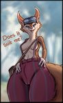 anthro asking_viewer bag big_tail black_border blurred_background border breasts camel_toe cheek_tuft cosplay countershade_torso countershading crossover_cosplay eyelashes facial_tuft female fur grey_pupils half-closed_eyes looking_at_viewer low-angle_view narrowed_eyes navel newsboy_cap orange_body orange_fur orange_tail pink_nose pointy_ears prick_ears pupils question_mark small_breasts snout solo suspenders suspenders_on_nipples tail tan_body tan_countershading teeth text thick_thighs tuft saintmarmo deadlock dota valve hoodwink_(dota) ivy_(deadlock) mammal rodent sciurid tree_squirrel 2024 absurd_res crossover digital_media_(artwork) english_text hi_res portrait three-quarter_portrait