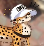 ambiguous_gender black_nose clothing feral fur hat hat_over_eyes headgear headwear markings smile solo spots spotted_body spotted_fur whiskers flashw oversized_cheetah_hat cheetah felid feline mammal 2022 digital_drawing_(artwork) digital_media_(artwork)