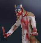 5_fingers blood blue_eyes bodily_fluids brown_body brown_fur collar fingers fur gore green_eyes heterochromia holding_object holding_weapon knife looking_at_viewer male solo tan_body tan_fur weapon wounded moonbug mythology shira_wolven canid canine canis mammal mythological_canine mythological_creature werecanid werecanine werecreature werewolf wolf