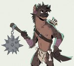 anthro arm_wraps arrow_(weapon) arrows belt bone bottomwear brown_body brown_fur brown_hair clothed clothing ear_piercing ear_ring facial_piercing flail fur hair holding_melee_weapon holding_object holding_weapon loincloth male markings melee_weapon nipple_piercing nipples nose_piercing notched_ear partially_clothed piercing quiver_(object) ranged_weapon ring_piercing shoulder_belt simple_background solo spots spotted_body spotted_fur spotted_markings tail topless weapon wraps hyenamancer gnoll hyena mammal spotted_hyena digital_media_(artwork)