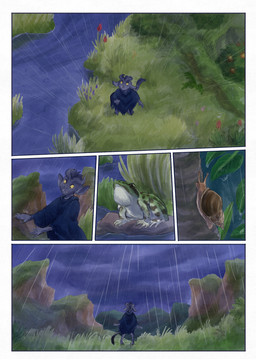 5_fingers ambiguous_gender anthro biped black_body black_fur black_tail clothing cloud cloudy_sky fangs feral fingers fur grass green_eyes horn outside plant raining river shirt sky solo tail teeth topwear water yellow_sclera bjekkergauken imbali_(bjekkergauken) amphibian frog gastropod mollusk snail unknown_species 2025 colored comic hi_res
