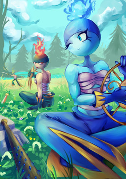 anthro female female/female group male male/female trio powderthebushi palworld pocketpair bushi_(pal) humanoid pal_(species) hi_res