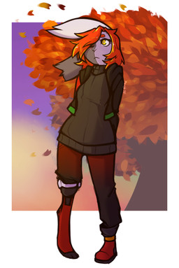 anthro autumn biped black_clothing black_topwear bottomwear clothed clothed_anthro clothed_female clothing eye_scar eyebrows facial_scar female front_view fully_clothed fully_clothed_anthro fully_clothed_female fur genetic_chimerism gradient_clothing grey_body grey_fur hair hair_over_eye multicolored_body multicolored_fur notched_ear orange_hair prosthetic prosthetic_leg prosthetic_limb scar solo standing text topwear two_tone_body two_tone_fur white_body white_fur yellow_eyes mewgle facet_(mewgle) lagomorph leporid mammal rabbit 2025 artist_name dated digital_media_(artwork) hi_res