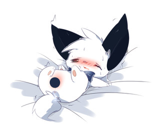 bed_sheet bedding black_ears blush censored_genitalia censored_vulva female feral fur kemono lying on_back one_eye_closed solo white_body white_fur young young_feral deaic canid canine mammal 2016 censored