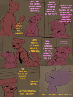 accessory anthro clothed clothing comic_panel dialogue necktie pink_text purple_body smile text yellow_text conditional_dnp dacad rebecca_(dacad) tyler_(dacad) zipper_(dacad) avian bat domestic_ferret mammal mustelid musteline true_musteline weasel comic english_text hi_res restricted_palette