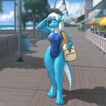 4_toes anthro barefoot blue_body blue_clothing blue_swimwear blurred_background boardwalk breasts brown_eyes building clothing digitigrade duffel_bag eyebrows eyelashes feet female hair one-piece_swimsuit open_mouth outside paws solo swimwear tail thigh_gap toes white_body white_hair mykegreywolf mythology dragon mythological_creature mythological_scalie scalie wingless_dragon 1:1 2024 absurd_res hi_res