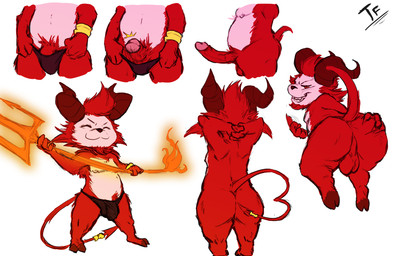 accessory anthro anus balls bangs big_horn bracelet butt clothing curled_horn curled_tail cutlery fork front_view fur furgonomics genitals grin hands_behind_head horn jewelry kitchen_utensils looking_at_viewer male male_anthro multiple_poses partial_nudity penis pitchfork pose presenting raised_tail rear_view red_body red_fur short short_anthro short_male simple_background smile solo swimming_trunks swimwear tail tail_accessory tools undressing fennephilim_fox league_of_legends riot_games tencent devil_teemo_(lol) teemo_(lol) demon yordle digital_media_(artwork) hi_res