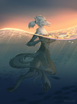 anthro detailed_background hair male nude outside pawpads ponytail sea seascape sky solo sunset swimming water wet white_hair maocrowhard canid canine mammal unknown_species hi_res