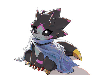 anthro belt black_body black_sclera cape chibi clothing horn male simple_background smile solo white_background angrygentoo bandai_namco digimon digimon_ghost_game digimon_(species) gulusgammamon scalie 5:4