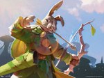 anthro arrow_(weapon) arrow_in_mouth bow_(weapon) earhole leaf_clothing lens_flare male ranged_weapon shield solo weapon victor_adame_minguez hasbro magic:_the_gathering wizards_of_the_coast finneas lagomorph leporid mammal rabbit