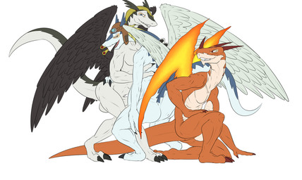 after_transformation anthro anus anus_outline aroused big_bulge big_tail bodysuit breath bulge butt clothing cuddling detailed_bulge erection feathered_wings feathers fire flaming_wings flustered grin group half-closed_eyes holding_another kneeling knees_buckling leaning leaning_on_another looking_pleasured male narrowed_eyes on_one_knee panting paws raised_tail seductive simple_background skinsuit skintight_suit smile smirk suit suit_transformation sultry_gaze tail tenting thick_tail tight_bulges tight_clothing tongue tongue_out toothy_grin transformation trio unusual_anatomy unusual_wings wings conditional_dnp samagthrav2 legendz mythology greedo_(legendz) ranshiin shiron blazedragon dragon human mammal mythological_creature mythological_scalie scalie windragon absurd_res hi_res