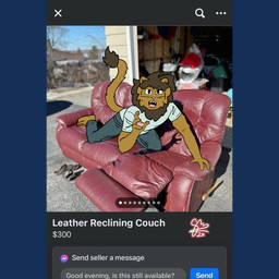 anthro bottomwear clothing curimeme denim denim_bottomwear denim_clothing furniture garage_sale jeans leather_reclining_couch male outside pants shirt sofa solo t-shirt text topwear sebbvas facebook facebook_marketplace lan_(sebbvas) felid lion mammal pantherine 1:1 alpha_channel english_text hi_res meme signature