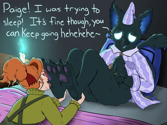 3_toes 5_fingers accessory aged_up anthro barefoot beak bed biped black_beak black_body black_fur black_tail black_tail_tuft blue_inner_ear bodily_fluids bottomless bottomless_anthro bottomless_male candle chain_accessory chest_tuft claws clothed clothed_anthro clothed_female clothed_human clothed_male clothing crescent_moon dialogue duo empty_eyes eyewear feet female female_human fingers foot_fetish foot_focus foot_lick fur furniture glasses glowing glowing_eyes glowing_inner_ear green_clothing green_topwear hair hat headgear headwear hindpaw holding_feet leaning leaning_backward licking male male/female male_anthro moon narrowed_eyes nightcap on_bed on_pillow open_beak open_clothing open_mouth open_topwear pajamas pattern_clothing pattern_hat pattern_headgear pattern_headwear pattern_topwear pawpads paws pillow purple_clothing purple_hat purple_headgear purple_headwear purple_pajamas purple_pawpads purple_topwear red_eyewear red_glasses red_hair saliva saliva_on_foot sitting sleepwear tail tail_tuft text toe_claws toes tongue topwear tuft white_eyes nexcc deadlock_(game) mythology valve paige_(deadlock) rem_(deadlock) avian chimera dream_creature gryphon human mammal mythological_avian mythological_creature 2026 english_text hi_res