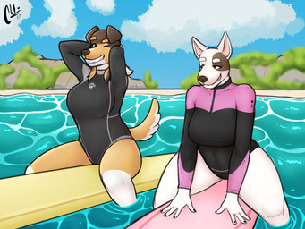 anthro black_clothing black_one-piece_swimsuit black_swimwear brown_body brown_fur clothed clothing duo female fully_clothed fur hands_behind_head legs_submerged multicolored_clothing multicolored_one-piece_swimsuit multicolored_swimwear one-piece_swimsuit outside partially_submerged pink_clothing pink_one-piece_swimsuit pink_swimwear plant sea seaside semi_public smile surfboard swimwear tan_body tan_fur tree water wetsuit white_body white_fur alexnik background_character surfer_(female)_(bluey) bull_terrier canid canine canis collie domestic_dog herding_dog hunting_dog mammal pastoral_dog rough_collie sheepdog terrier 2026 digital_media_(artwork) hi_res