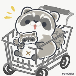black_eyes black_nose chibi dot_eyes feral grey_body navel shopping_cart simple_eyes sitting solo white_body x_navel yencatx mammal procyonid raccoon 1:1 2022