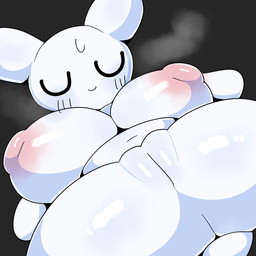 anthro areola big_breasts big_nipples biped blush blush_lines bodily_fluids breasts closed_smile eyes_closed female front_view genitals grey_background monotone_body mouth_closed navel nipples nude nude_female simple_background smile solo sweat tail vulva white_body white_ears white_tail ebi10000000000 lagomorph leporid mammal rabbit 1:1 2025 absurd_res digital_drawing_(artwork) digital_media_(artwork) hi_res