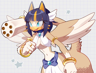 accessory arm_ring beak blue_eyes blue_hair bottomwear bracelet clothing female furgonomics gatling_gun gun hair hair_accessory jewelry loincloth machine_gun minigun pointy_ears ranged_weapon ring solo tail tail_accessory tail_gun tail_jewelry tail_ring tan_body topwear weapon weapon_tail wings txmie mythology sega sonic_the_hedgehog_(series) ayiki_(bonjolasermaster) avian avian_taur gryphon gryphon_taur mythological_avian mythological_creature taur hi_res