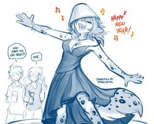 anthro biped bottomwear breasts cleavage clothed clothed_anthro clothed_female clothed_human clothed_male clothing dialogue dress drunk eyes_closed eyewear female fingers fully_clothed fully_clothed_anthro fully_clothed_female fully_clothed_human fully_clothed_male fur glasses group hair lamp_shade male markings musical_note musical_symbol off_shoulder open_mouth open_smile simple_background singing skimpy smile solo_focus spots spotted_body spotted_fur spotted_markings spotted_tail substance_intoxication symbol tail tail_markings teeth text tongue topwear trio white_background conditional_dnp tom_fischbach twokinds eric_vaughan kathrin_vaughan trace_legacy canid canine felid human hybrid keidran mammal pantherine 2025 digital_drawing_(artwork) digital_media_(artwork) english_text hi_res monochrome sketch spot_color