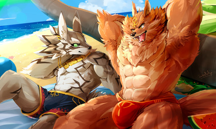 abs anthro armpit_hair beach biceps body_hair bottomwear bulge bulge_size_difference clothed clothing countershading duo food fruit hands_behind_head jewelry male melon muscular muscular_anthro muscular_male necklace palm_tree pecs plant seaside shorts speedo swimwear tongue topless tree watermelon waddledox lifewonders puzzle_and_dragons tokyo_afterschool_summoners set_(puzzle_and_dragons) seth_(tas) canid canine canis jackal mammal 5:3 absurd_res alternate_version_at_source hi_res