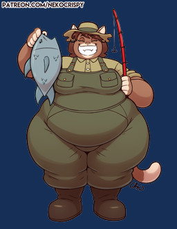 5_fingers anthro belly belly_overhang big_belly boots breasts brown_body brown_boots brown_clothing brown_footwear brown_fur brown_hair brown_shirt brown_topwear clenched_teeth clothed clothing dipstick_tail eyebrow_through_hair eyebrows eyelashes eyes_closed fangs female fingers fish_meat fishing_rod food footwear front_view fully_clothed fur furgonomic_hat furgonomic_headwear furgonomics green_clothing green_overalls grin hair happy hat headgear headwear holding_fish holding_fishing_rod holding_object huge_hips markings meat medium_breasts multicolored_body multicolored_fur obese obese_anthro obese_female open_mouth open_smile overalls overweight overweight_anthro overweight_female pear-shaped_figure proud shirt shoes simple_background smile solo standing tail tail_markings tan_body tan_fur teeth text thick_thighs topwear translucent translucent_hair transparent_background wide_hips nekocrispy paww:_feline_fatale monica_willards 2026 absurd_res alpha_channel cel_shading digital_media_(artwork) full-length_portrait hi_res official_art portrait shaded signature url