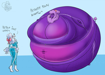 accessory anthro before_and_after belly belly_expansion big_belly big_breasts black_eyes black_nose blue_background blue_bottomwear blue_clothing blue_pants blue_shirt blue_topwear blue_tracksuit blueberry_inflation body_inflation bottomwear bow_ribbon breast_expansion breasts butt clothing deep_navel dialogue expansion eyelashes eyeshadow female hair hair_accessory hair_bow hair_ribbon huge_belly huge_breasts hyper hyper_belly hyper_breasts hyper_inflation immobile inflation logo makeup navel open_mouth open_smile pants pink_bow purple_body purple_bottomwear purple_clothing purple_eyeshadow purple_hair purple_mouth purple_pants purple_shirt purple_tail purple_topwear purple_tracksuit rear_view ribbons round_body sharp_teeth shirt simple_background smile smiling_at_viewer solo spherical_inflation sunken_limbs tail talking_to_viewer teeth text three-quarter_view tight_clothing topwear tracksuit white_body white_hair white_tail jackiesquirrel disney oliver_and_company georgette_(disney) canid canine canis domestic_dog mammal poodle 2025 artist_logo colored digital_media_(artwork) english_text hi_res shaded
