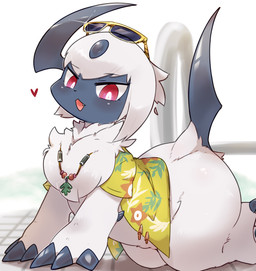 3_toes ambiguous_gender black_nose blue_claws blue_tail blush claws clothed clothed_feral clothing cute_fangs eyewear eyewear_on_head fangs feet feral fur glint heart_symbol holowear_(pokemon) jewelry light_body light_fur monotone_tail necklace open_clothing open_mouth open_shirt open_topwear pink_eyes poolside pupils quadruped shirt short_sleeves solo sunglasses sunglasses_on_head swimming_pool swimming_pool_ladder tail teeth toes topwear water white_body white_fur white_pupils yellow_clothing yellow_shirt yellow_topwear kyameta nintendo pokemon pokemon_unite beach_style_absol absol generation_3_pokemon pokemon_(species) 2022 absurd_res digital_media_(artwork) hi_res