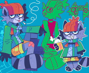 3_toes alternative_fashion anthro barefoot black_clothing black_panties black_underwear bottomwear clothed clothing feet female fur green_clothing grey_body grey_fur hat headgear headwear markings orange_clothing orange_hat orange_headwear paint panties pants paws plantigrade smile solo spray_paint striped_markings striped_tail stripes tail tail_markings toes tongue tongue_out underwear yellow_bottomwear yellow_clothing yellow_pants graskip cc-by-nc creative_commons raccoon_gal mammal procyonid raccoon aliasing digital_media_(artwork)