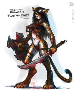 aggressive anthro armband armor barbarian biped blood bodily_fluids breasts clothed clothing ear_piercing female grin hair holding_melee_weapon holding_object holding_sword holding_weapon looking_at_viewer melee_weapon navel panties piercing shield simple_background skimpy smile solo standing suggestive sword tail torn_clothing unconvincing_armor underwear weapon neurodyne felid leopard mammal pantherine 4:5