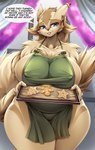 2023 anthro apron apron_only areola big_breasts blue_eyes breasts clothing cookie curvy_figure dialogue digital_media_(artwork) english_text eyebrows eyelashes female fingers food fur generation_3_pokemon hi_res huge_breasts linoone looking_at_viewer mature_anthro mature_female mleonheart nintendo nipple_outline pokemon pokemon_(species) solo speech_bubble tail talking_to_viewer text thick_thighs voluptuous