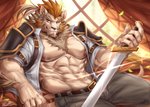 abs anthro belt clothing fur hair male melee_weapon muscular muscular_anthro muscular_male nipples pecs solo sword weapon rabbity knights_college julius_quignard felid lion mammal pantherine 2021 digital_media_(artwork) hi_res