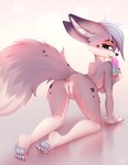 anthro anus blue_eyes blue_hair butt canid canine dildo dildo_lick female fennec_fox fox fur genitals hair hi_res licking looking_at_viewer looking_back looking_back_at_viewer mammal multicolored_body multicolored_fur nude omiart pawpads paws purple_body purple_fur pussy sex_toy smile smiling_at_viewer solo tongue tongue_out true_fox white_body white_fur