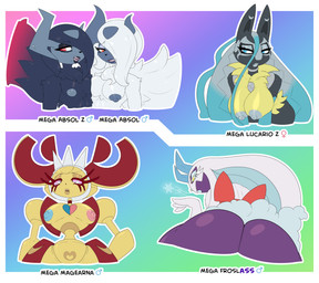 anthro areola barbell_piercing big_breasts big_butt big_muscles big_pecs black_body black_eyeshadow black_fur blue_eyes blue_eyeshadow blue_nipples border breasts butt chest_tuft choker ear_piercing ear_ring eyelashes eyeshadow fangs female female_symbol femboy fur gender_symbol glistening_eyelids gradient_background grey_nipples group hair hair_over_eye hand_on_hip heart_(marking) horn jewelry lips lipstick long_eyelashes looking_at_viewer looking_back machine makeup male male_symbol markings muscular necklace nipple_dip nipple_piercing nipples outline pec_squish pecs piercing pink_eyes pseudo_hair puckered_lips purple_body purple_skin raised_hand rear_view red_eyes red_nipples ring_piercing simple_background small_waist smile snowflake symbol teeth text tongue tongue_piercing tuft white_body white_border white_eyelashes white_fur white_outline wide_hips yellow_lips yellow_sclera venela nintendo pokemon pokemon_legends_z-a canid generation_6_pokemon generation_9_pokemon legendary_pokemon mammal mega_absol mega_absol_z mega_evolution mega_froslass mega_lucario_z mega_magearna pokemon_(species) robot hi_res