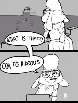 ambiguous_gender anthro clothed clothing dialogue female group humor parody solo_focus speech_bubble text ittybittykittytittys disney dreamworks shrek_(series) zootopia dawn_bellwether jack_savage nick_wilde bovid canid canine caprine domestic_sheep fox hare lagomorph leporid mammal red_fox sheep true_fox 2016 3:4 comic crossover english_text greyscale hi_res meme monochrome signature