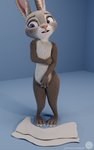 3_toes 3d_(artwork) 4_fingers 5:8 anthro chickenass covering covering_self digital_media_(artwork) disney feet female fingers flat_chested fur hi_res judy_hopps lagomorph leporid long_ears mammal nude open_mouth purple_eyes rabbit realistic_fur simple_background solo text toes towel zootopia