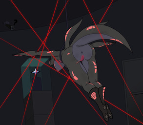 anthro anus boots breasts butt camera clothing dark female footwear genitals glass gloves handwear inside laser mostly_nude nipples non-mammal_breasts post-it_note question_mark shoes sneaking solo stealing thief vulva wire dododragon56 nintendo pokemon generation_7_pokemon pokemon_(species) reptile salazzle scalie absurd_res hi_res