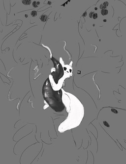 ambiguous_gender bestiality bodily_fluids duo extreme_size_difference feral genital_fluids genitals group hugging_penis larger_feral lying male on_back penis precum size_difference trio fuegodelalma rain_world videocult lizard_(rain_world) slugcat absurd_res hi_res