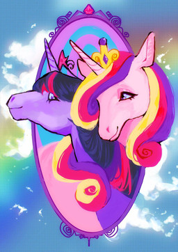 abstract_background cloud crown curly_hair duo female feral hair headgear horn inner_ear_fluff smile smiling_at_another tuft wings k4tzilla friendship_is_magic hasbro my_little_pony mythology princess_cadance_(mlp) twilight_sparkle_(mlp) equid equine mammal mythological_creature mythological_equine winged_unicorn headshot_portrait hi_res portrait