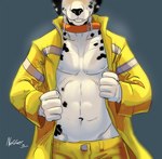 anthro athletic athletic_anthro athletic_male black_nose close-up clothed clothing collar firefighter firefighter_uniform folded_ears fur jacket male markings multicolored_body multicolored_fur navel nipples open_clothing open_jacket open_topwear simple_background solo spots spotted_body spotted_fur topwear two_tone_body two_tone_fur undressing uniform white_body white_fur negy canid canine canis dalmatian domestic_dog mammal