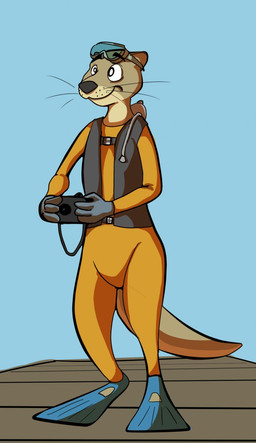 anthro blue_background brown_body brown_ears brown_tail camera closed_smile clothed clothing eyewear eyewear_on_head goggles goggles_on_head holding_camera holding_object latex latex_clothing latex_skinsuit male mouth_closed simple_background skinsuit smile solo standing tail tan_body tight_clothing whiskers bucklebunny mammal mustelid otter full-length_portrait hi_res portrait