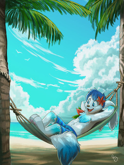 anthro blue_eyes blue_hair blue_markings blue_sky blue_tail chest_tuft cloud fur glistening glistening_eyes hair logo male markings open_mouth open_smile outside palm_tree plant reclining red_tongue short_hair sky smile solo tail tongue tree tuft white_body white_ears white_fur white_tail young young_anthro young_male pandapaco species_request artist_logo signature